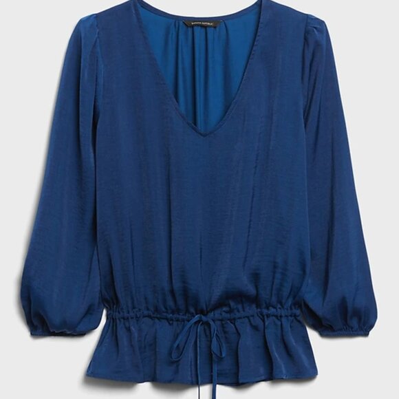EUC Banana Republic Satin Peplum Top w/Balloon Sleeves | Dark Blue | Size Medium - Picture 1 of 5